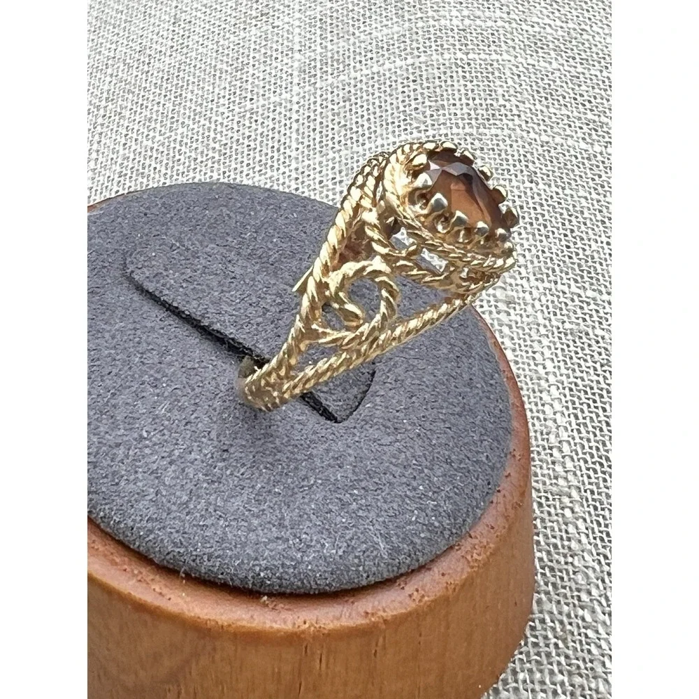 Vintage Gold Tone Rope Twist Pear Statement Ring Smoky Brown Teardrop Sz 7.75